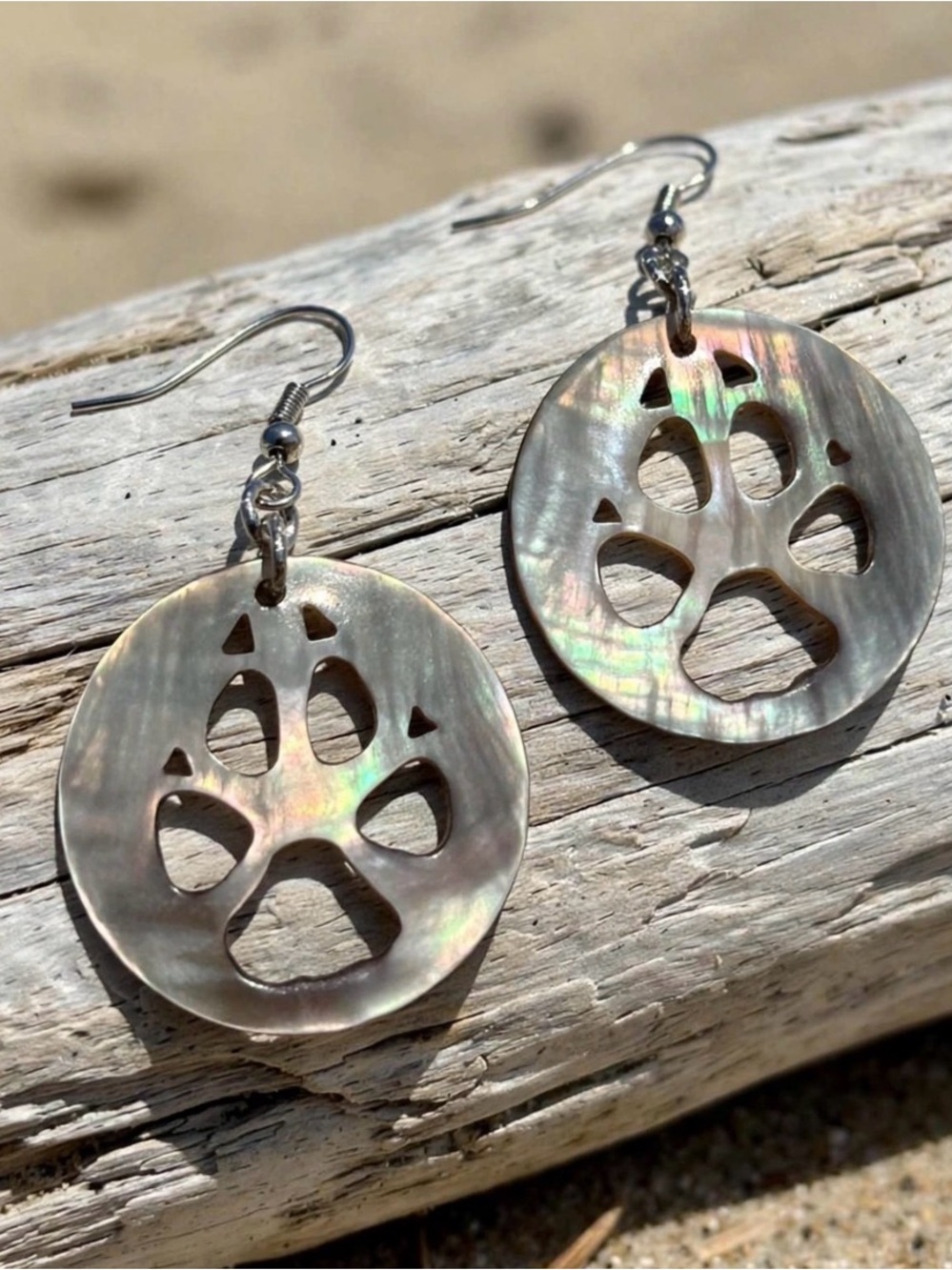Hand carved Natural Black Lip Shell Wolf Paw Print Earrings